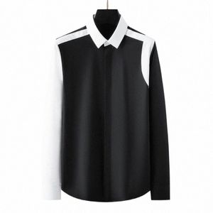 Chemises décontractées pour hommes 2024 Spring Black and White Splicing Shirt Men Men Slim Busin Office Social Blouse Vêtements