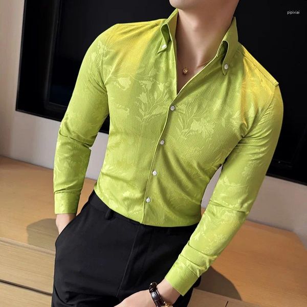 Chemises décontractées masculines 2024 Spring Jacquard V-Neck Shirt for Men Lonf Garged Business Robe British Style Social Streetwear Vêtements