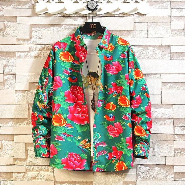 Chemises décontractées pour hommes 2024 Spring Northeast Flower Shirt à manches longues chinois Retro Button Tang Suit Veste Trendy Brand