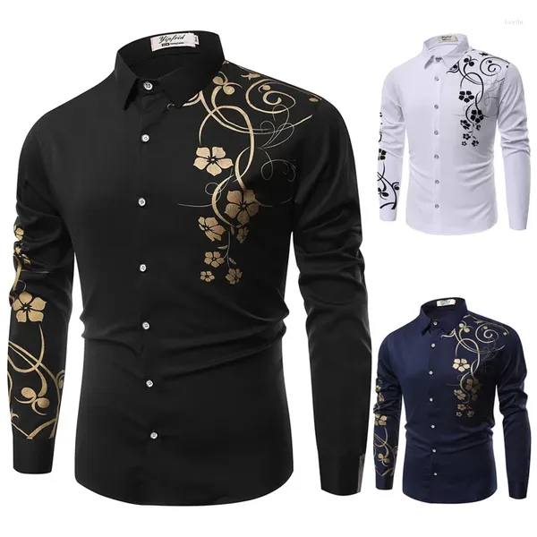 Chemises décontractées pour hommes 2024 Spring Polo Collor à manches longues pour la mode Slim Fleure Breassive White High Quality Fleur