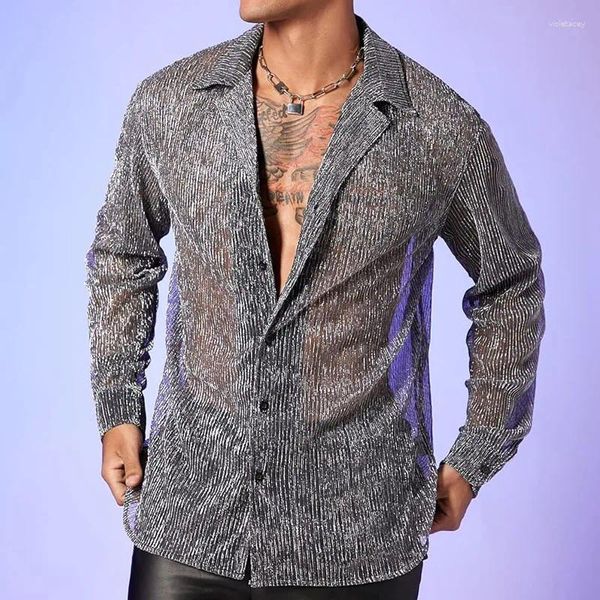 Chemises décontractées pour hommes 2024 Printemps Été Mode Hommes Manches longues Drop épaule Discothèque Perspective Mesh Cardigan Tops Chemise Sexy Streetwear