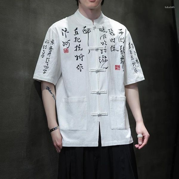 Chemises décontractées masculines 2024 Spring d'été Caux de calligraphie imprimées traditionnelles chinoises masculines vintage mi-manche en lin kungfu