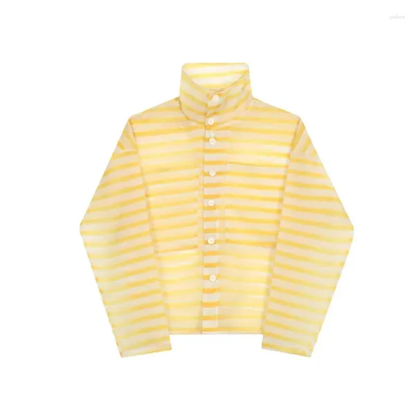 Camisas casuales para hombres 2024 Spring Summer Summer Stripe Flow Stripe Diseño translúcido Chaqueta Chaqueta Sunssco de ropa Sol Beach 836C91