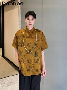 Chemises décontractées pour hommes 2024 Été chinois peinture en satin en bambou à manches courtes à manches courtes irrégulières