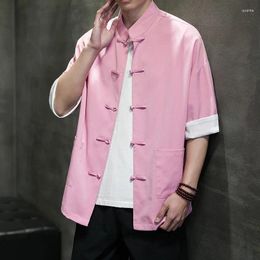 Chemises décontractées pour hommes 2024 Summer Style chinois Noeud Boutons Design Vintage pour hommes Rose Bleu Noir Demi-manches Col montant Chemisier de mode