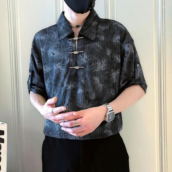 Chemises décontractées pour hommes 2024 Summer Chinois Style Lapel Pullover Shirt Men Retro Ink Printing Vêtements sociaux à manches mi-manches lâches