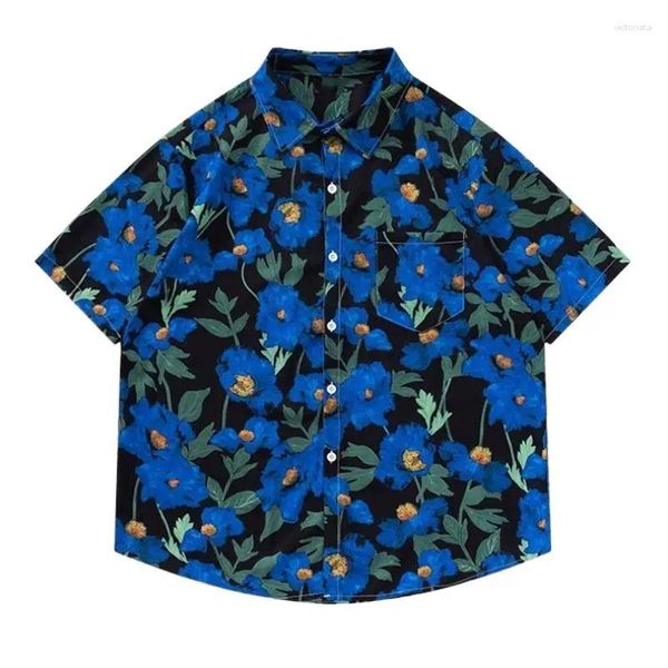 Chemises décontractées pour hommes 2024 Shirt en lin en coton d'été beau t-shirt bleu imprimé half manche