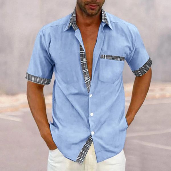 Camisas casuales para hombres 2024 Moda de verano y hebilla costura camisa de manga corta camisa de manga corta lino hawaiano