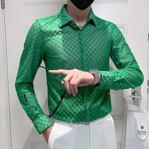 Mannen Casual Shirts 2024 Zomer Hollow Out Lace Lange Mouwen/Man Slim Fit Hoge Kwaliteit Revers Mode sexy Nachtclub 4XL