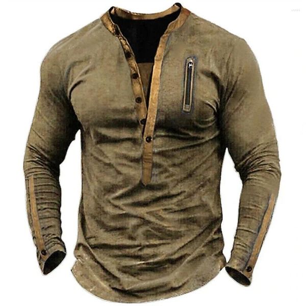 Chemises décontractées masculines 2024 chemise vintage pour hommes à manches longues Henry 3D Collier solide imprimé t Fashion Sport Design Clothing