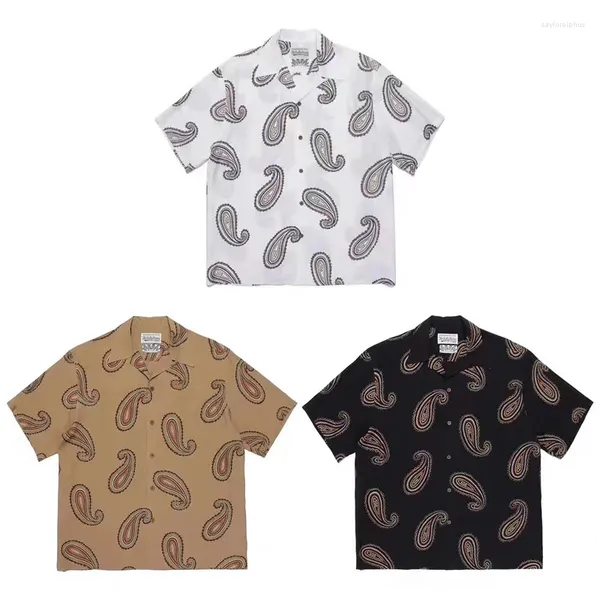 Chemises décontractées pour hommes 23SS Noir Blanc Marron Wacko Maria Hommes Femmes 1: 1 Oversize Hawaiian Manches courtes Mode Boutons de fleurs de cajou Tops