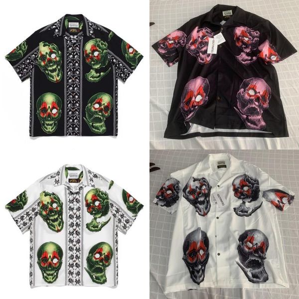 Camisas casuales para hombres 23ss Vintage WACKO MARIA Cárdigan de manga corta con calavera tatuada verde Hawaiano para hombres y mujeres