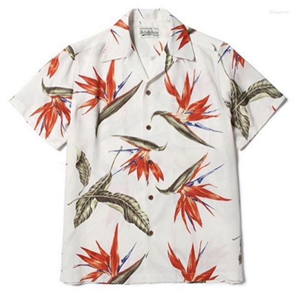 Camisas casuales para hombres 23ss WACKO MARIA Shirt Red Bird Loose Print Hawaiian Resort Beach de manga corta para hombres y mujeres