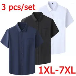 Chemises décontractées pour hommes 3 PCS / Set Summer Summer Short Shirt Men Plus Taille Couleur solide Businel Formal Blanc 1xl-7XL 115-195KG