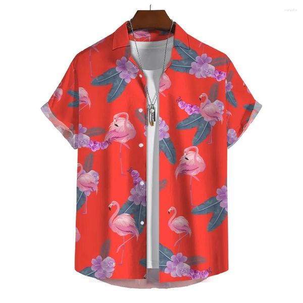 Camisas casuales para hombres 3D Animal Camisa de verano para hombre Hawaiano Manga corta Flamenco Gráfico Solapa Botón Ropa Playa Hombre Top