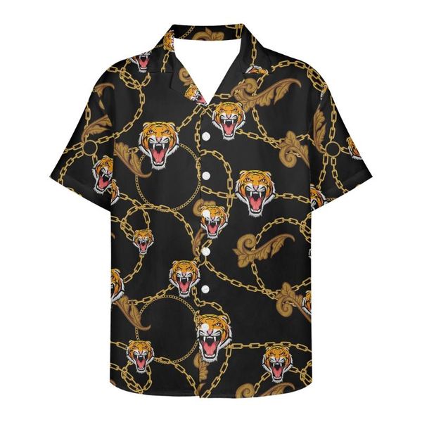 Camisas informales para hombre, camisa de verano con estampado Digital 3D para hombre, diseño de cadena de Metal con tigre, diseño negro de talla grande, fiesta en la playa, ropa de boda 5xl