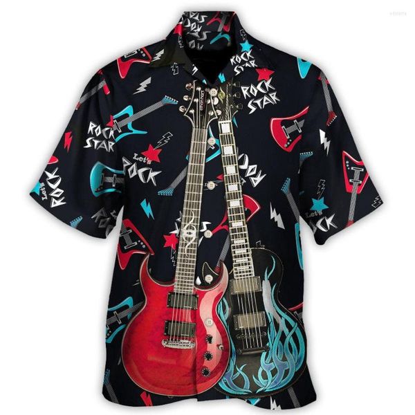 Chemises décontractées pour hommes 3D Musique Guitare Cool High Street Chemise hawaïenne pour hommes Col cubain pour hommes 2023 Summer Designer Fashion Short Sleeve