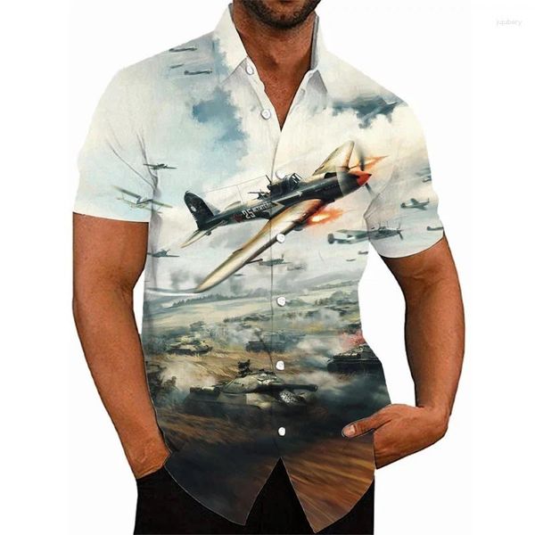 Camisas casuales para hombres Camisa gráfica de avión de combate con estampado 3D para hombres Blusas hawaianas de gran tamaño de verano Ropa de calle con botones