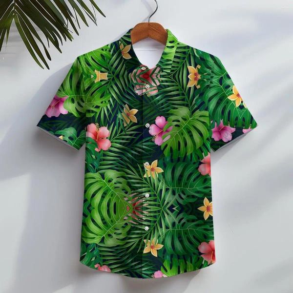 Chemises décontractées pour hommes 3d imprimé feuilles graphiques bouton mode bouton de mode à manches courtes Blouse de plantes hawaïennes à manches courtes pour hommes été