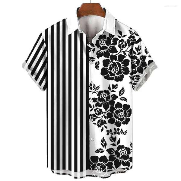 Chemises décontractées pour hommes 3D Imprimé graphique floral rayé bouton de mode à manches courtes à manches courtes Blouse hawaïenne à manches courtes pour hommes Summer