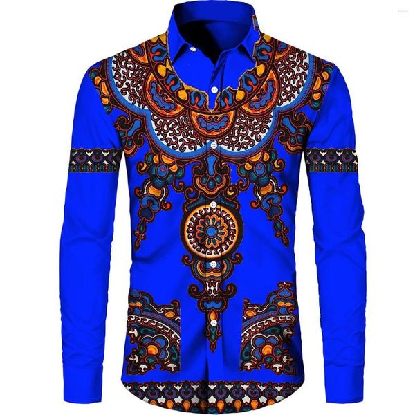 Camisas informales para hombre, blusas con botones estampados en 3D, camisa africana de moda con cuello vuelto para hombre, camisa de manga corta/completa de talla grande para hombre étnica