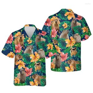 Chemises décontractées pour hommes 3D Capybara Fleur Shirt Hawaiian Men Men Vacation Bouton Down Street Street Loose Clouse à manches courtes