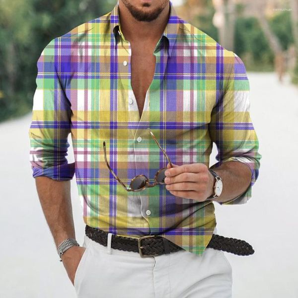 Camisas casuales para hombres Impresión 3D Moda Modelos de primavera y otoño -Venta de camisa hawaiana de manga larga con rayas de rejilla hawaiana