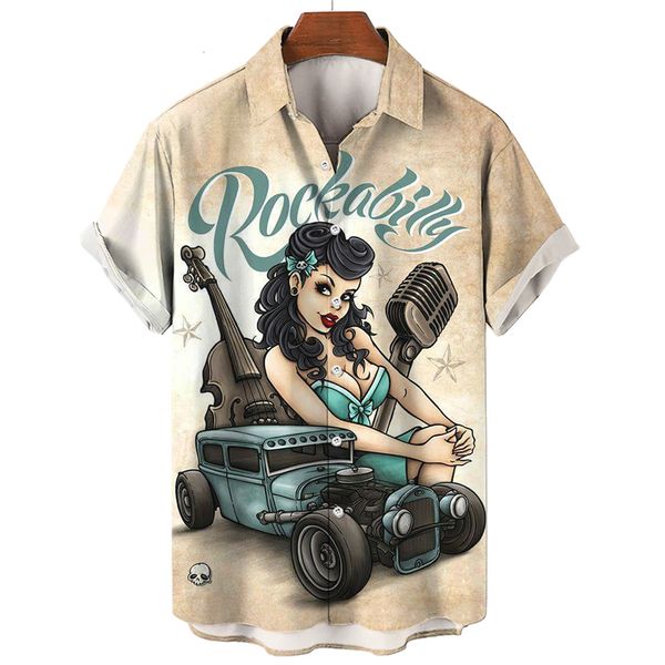 Chemises décontractées pour hommes 3D Vintage Mode pour hommes Violon Rocker imprimé Rockabilly Chemise hawaïenne à manches courtes Tops Homme Harajuku Ropa Hombre 230421