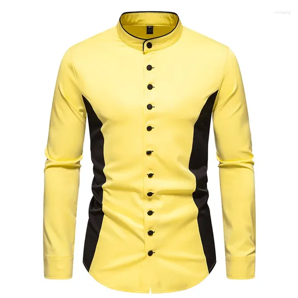 Camisas casuales para hombres #4732 Color blanco ampilado amarillo Vintage Camiseta de manga larga Botones de cuello para hombres
