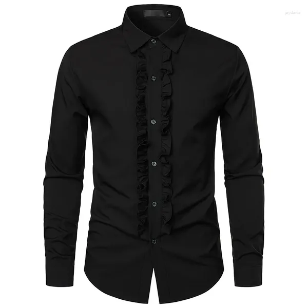 Camisas casuales para hombres # 4742 Primavera Negro Blanco Camisa rosa Hombres Split Joint Ruffles Manga larga Turn-Down Collar Business Masculino Euro Tamaño