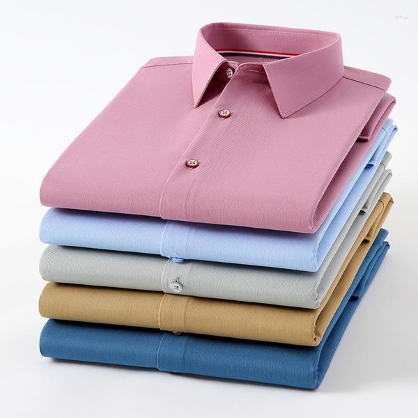 Camisas casuales para hombres 5 unid/lote Material de microfibra Camisa de manga larga de color puro sin hierro para hombres Blanco Slim Fit Trend S