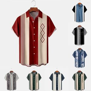 Casual shirts voor heren, jaren 50-stijl bowlingshirt voor heren, gestreept, ademend, heren, zomer, streetwear