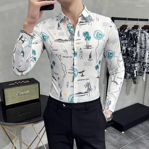 Camisas casuales para hombres 6XL Manga larga Hombres hawaianos Floral Coreano Slim Fit Tabla de surf Impreso Camisa para hombre Tops 2023 Ropa elegante