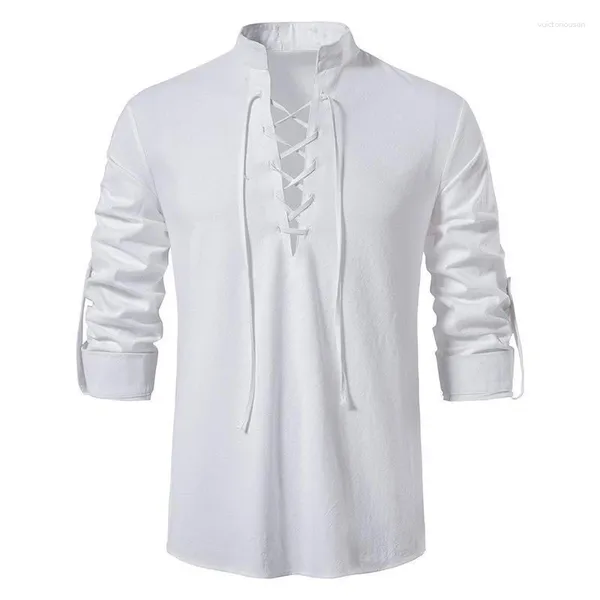 Camisas casuales para hombres 7 color algodón lino estilo coreano verano sólido soporte corbata cuello manga larga hombres playa ropa de gran tamaño blanco top