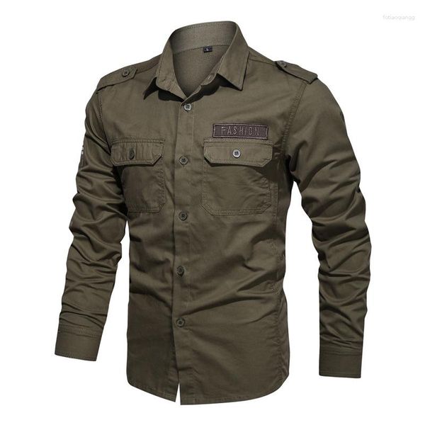 Camisas informales para hombre, camisa Cargo 95% de algodón, camisa militar de manga larga sólida para hombre, ropa de marca, blusas negras 5XL 6XL