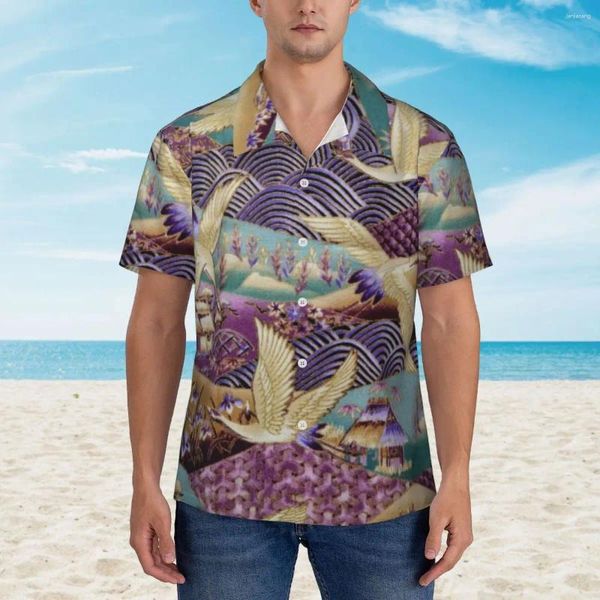 Camisas informales para hombre, camisa de vacaciones de montañas abstractas, estampado de arte japonés, blusas elegantes hawaianas para hombre, camisetas Harajuku de manga corta