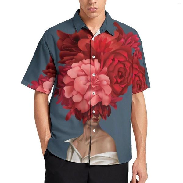 Camisas informales para hombre, camisa abstracta con cabeza para mujer, ramo para hombre, estampado de flores rojas, blusas hawaianas puras para playa, blusas de manga corta de gran tamaño 5XL