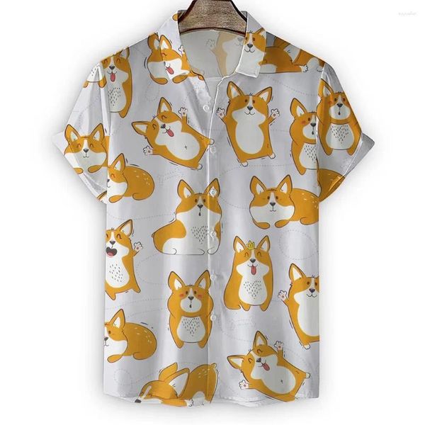 Camisas casuales para hombres Adorable patrón canino Camisa de manga corta Impresión 3D Top suelto Divertido y lindo perro Anime en blanco