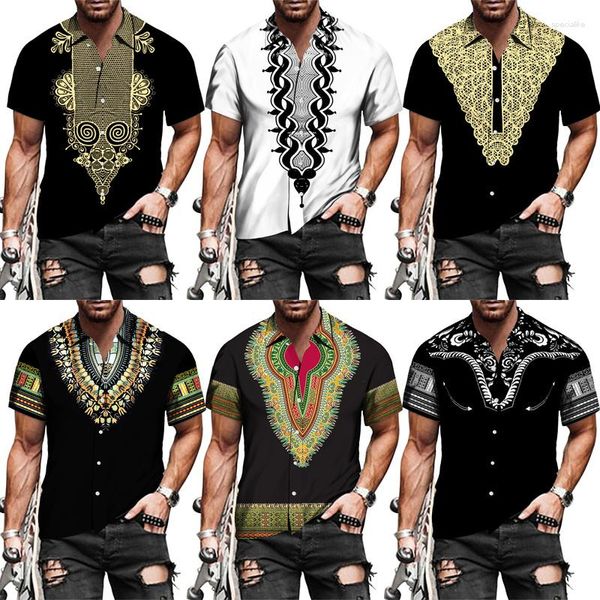 Chemises décontractées pour hommes Dashiki africain imprimé col rabattu bouton manches courtes hauts Hip Hop Style ethnique Streetwear vêtements 5XL