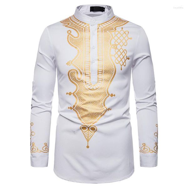 Chemises décontractées pour hommes Dashiki africain imprimé col rabattu bouton manches courtes/longues hauts Hip Hop Style ethnique vêtements Streetwear