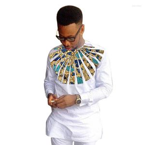 Chemises décontractées pour hommes Mode africaine Hommes Coloré Imprimer Tops à manches longues Blanc Coton / Cire Patchwork Design Mâle Vêtements de mariageMen's Quin22