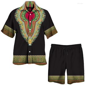Chemises décontractées pour hommes Imprimé totem africain 2 pièces Tenues Chemise à manches courtes / Short / Ensemble Dashiki Style ethnique Vêtements traditionnels