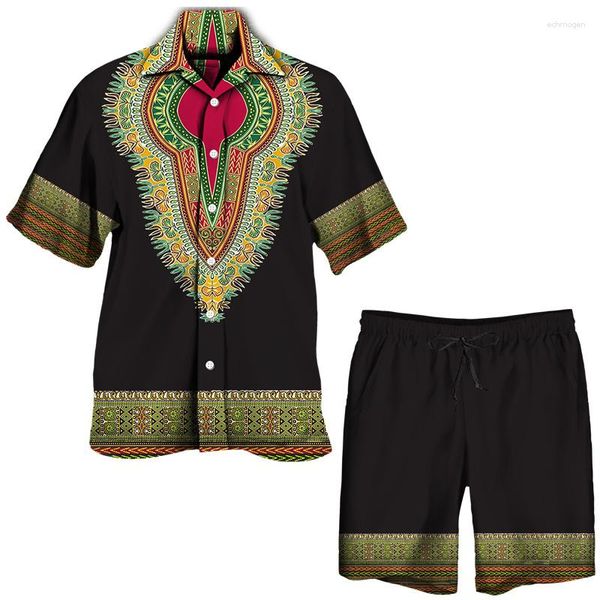 Camisas casuales para hombres Estampado de tótem africano Trajes de 2 piezas Camisa con botones de manga corta/Pantalones cortos/Conjunto Dashiki Estilo étnico Ropa tradicional