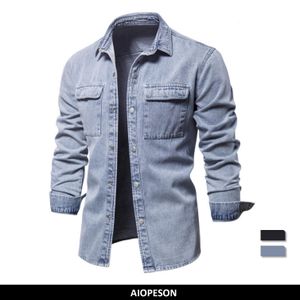 Chemises décontractées pour hommes AIOPESON 100 coton Denim couleur unie épais à manches longues pour le printemps haute qualité Jeans mâle 230414