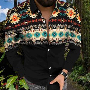 Chemises décontractées pour hommes Aloha Hawaian Mens Mens à manches longues décontractées ethnique Aztèque imprimé tropical Tropical Aloha Indien Camisa Hawaiana YQ240408