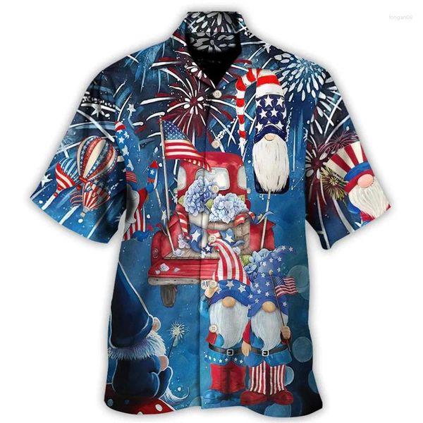 Camisas casuales para hombres Bandera americana Impresión 3D Camisa hawaiana para hombres Patrón de animales de verano Mangas cortas Tops Playa Calle Botón de solapa suelto