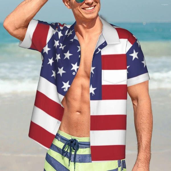 Camisas casuales para hombres Bandera americana Camisa de playa Hombre Azul y rojo Mangas cortas hawaianas Diseño Blusas sueltas de gran tamaño Regalo de cumpleaños