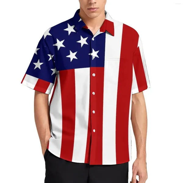 Camisas casuales para hombres Bandera americana Rayas rojas Imprimir Camisa de playa Hawaii Blusas vintage Hombres Tallas grandes 3XL 4XL