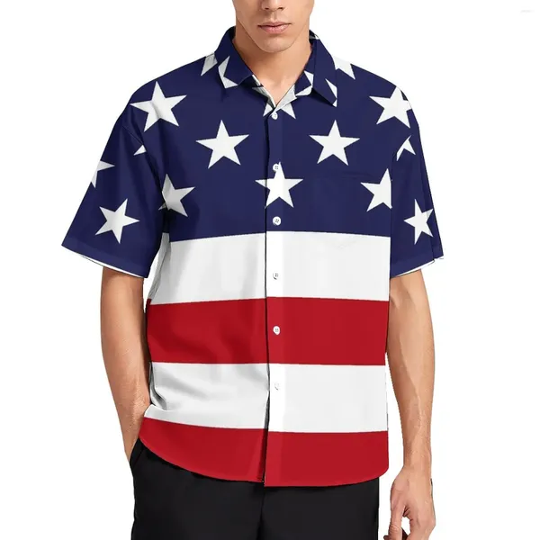 Camisas informales para hombre Camisa con bandera americana Estrellas blancas Estampado de vacaciones Blusas holgadas de tendencia hawaiana Mangas cortas Tops extragrandes gráficos