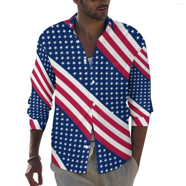 Chemises décontractées pour hommes Drapeau américain Chemise élégante Printemps Étoiles et rayures Hommes Blouses Vintage Manches longues Imprimé Y2K Vêtements 3XL 4XL